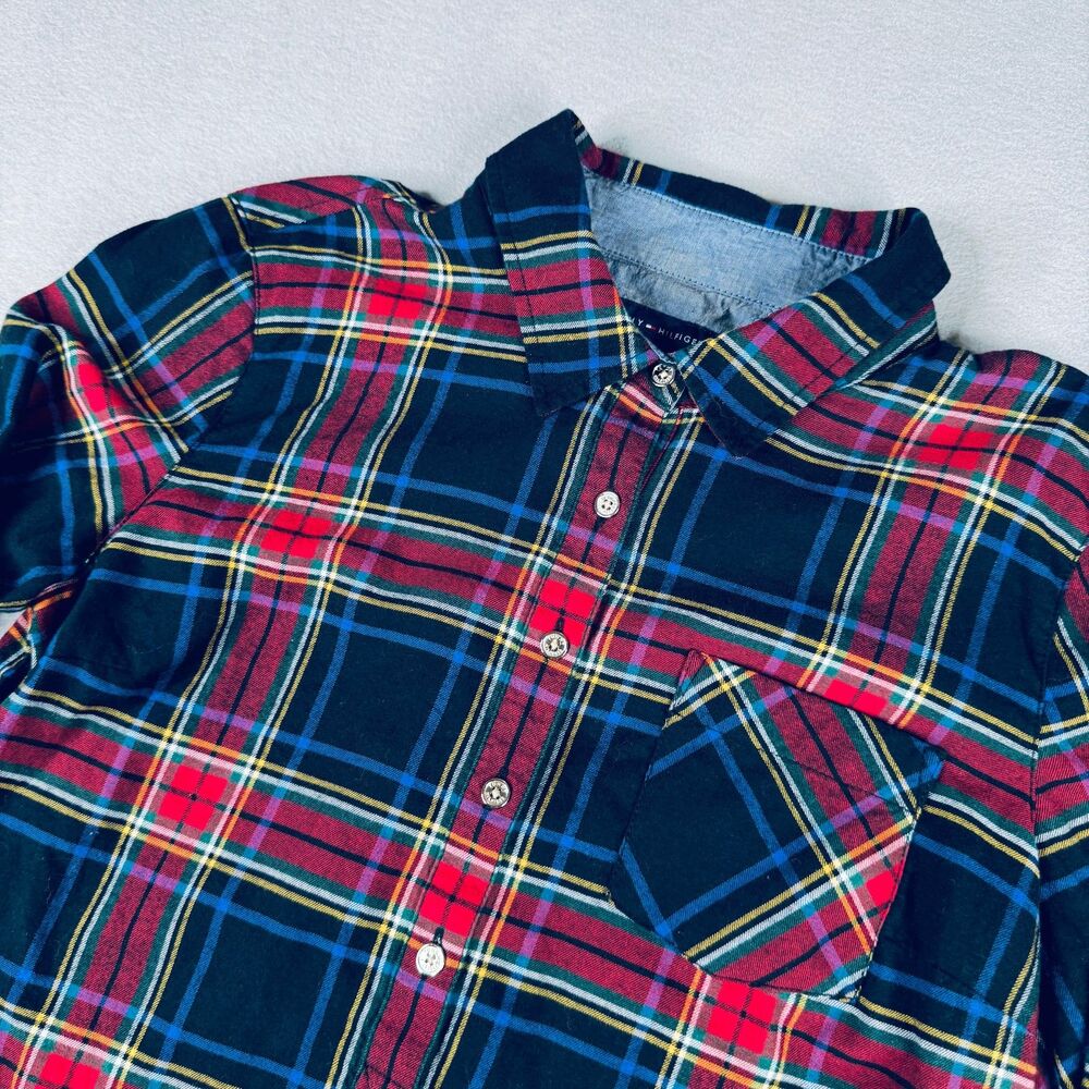 Tommy Hilfiger Women's Half Button Red Blue Plaid Button Up Shirt , Size Medium